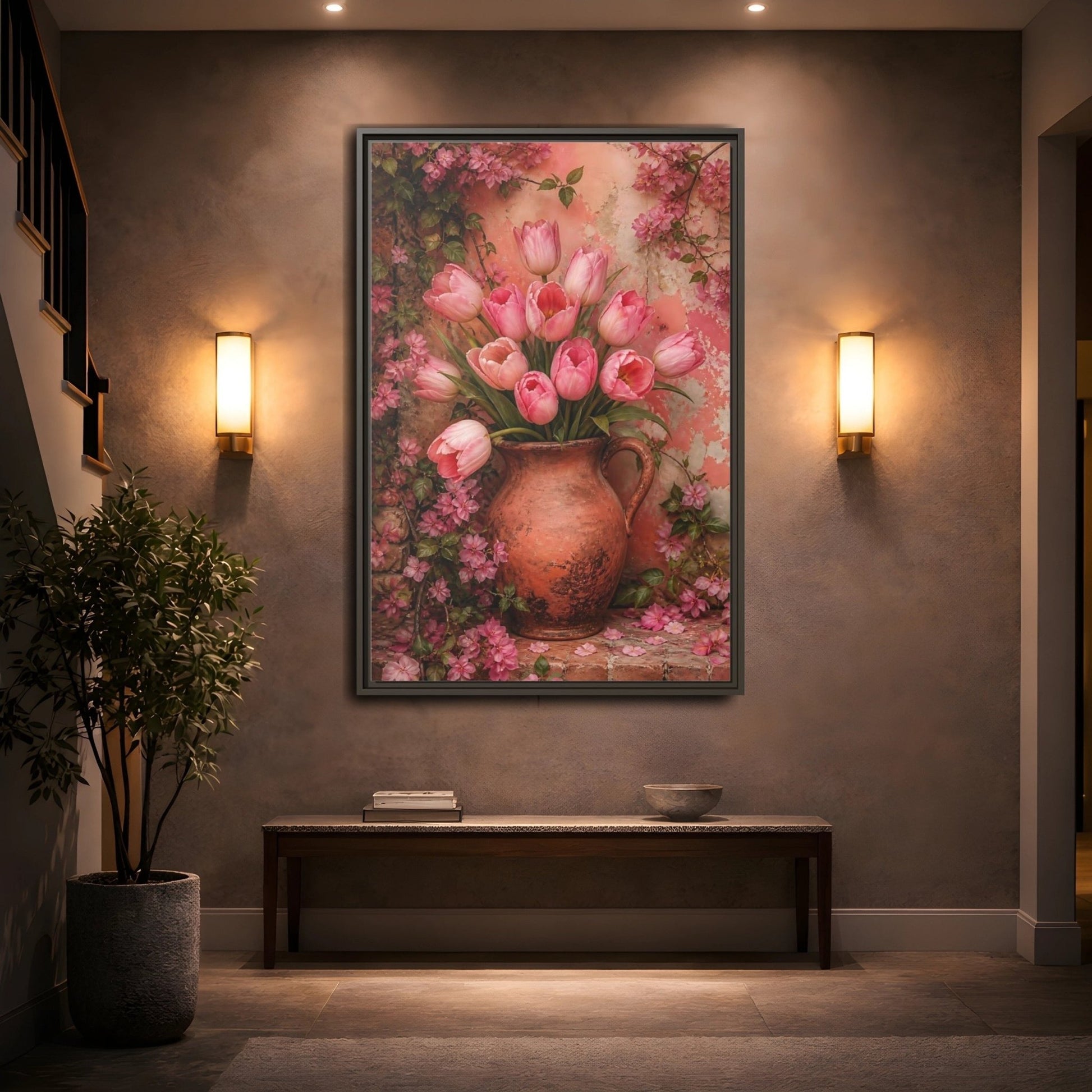 Floral Pink Tulips Framed Canvas Print – Living Room, Above Console Table - YesArtYes