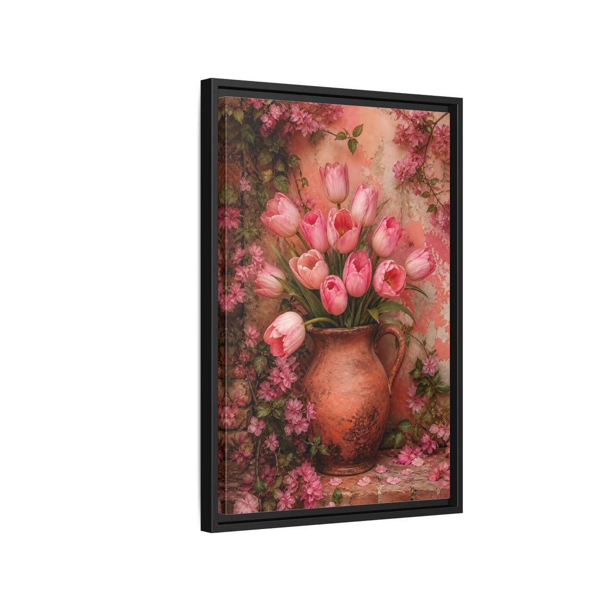 Floral Pink Tulips Framed Canvas Print – Living Room, Above Console Table - YesArtYes