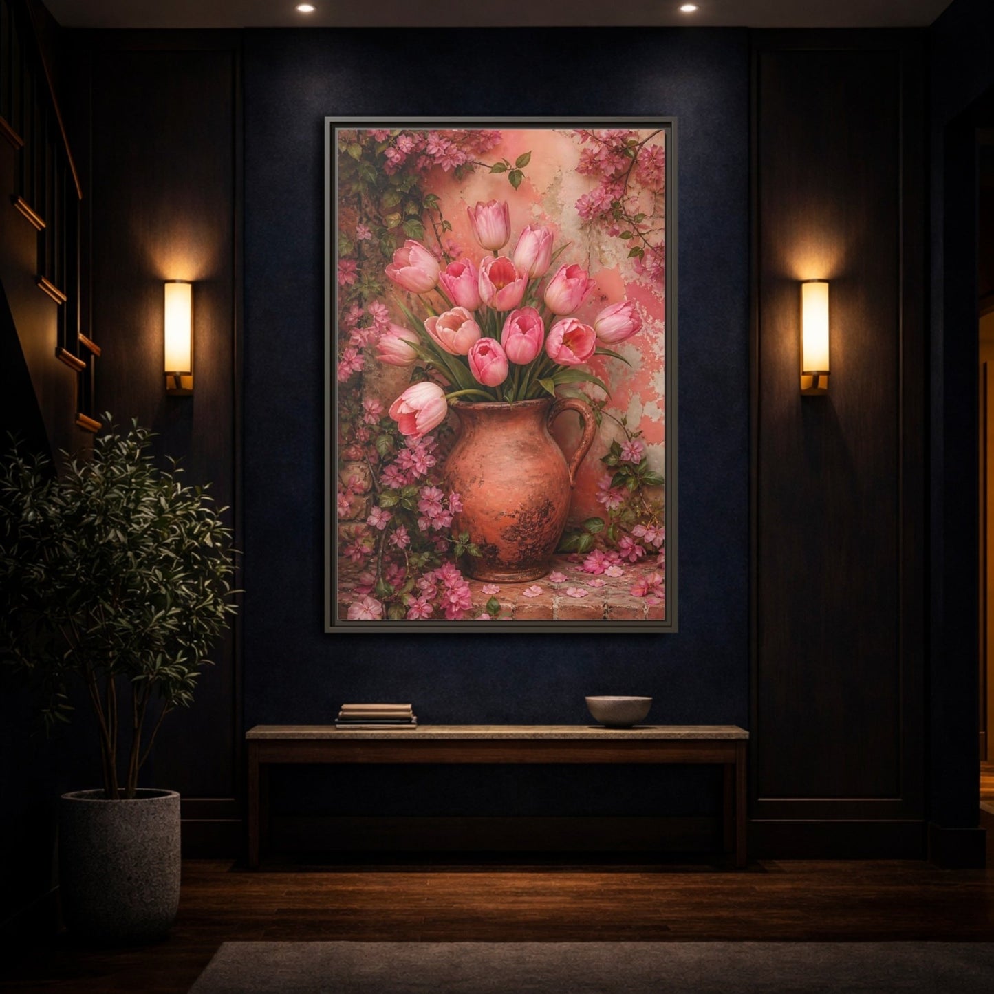 Floral Pink Tulips Framed Canvas Print – Living Room, Above Console Table - YesArtYes