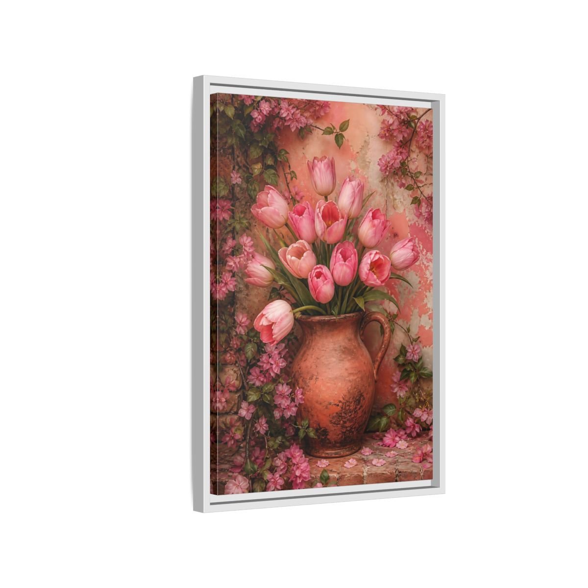 Floral Pink Tulips Framed Canvas Print – Living Room, Above Console Table - YesArtYes