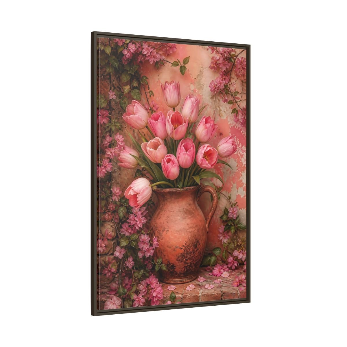 Floral Pink Tulips Framed Canvas Print – Living Room, Above Console Table - YesArtYes