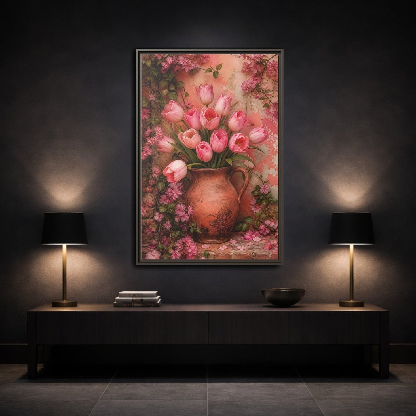 Floral Pink Tulips Framed Canvas Print – Living Room, Above Console Table - YesArtYes