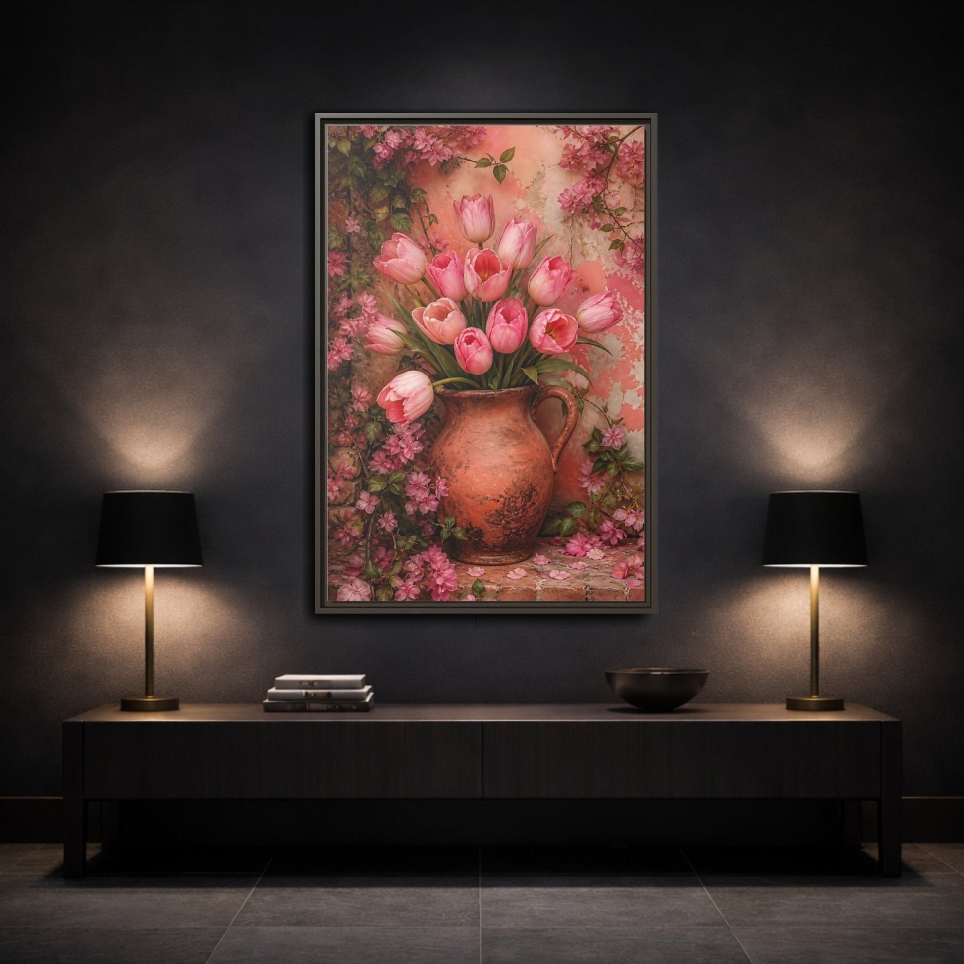 Floral Pink Tulips Framed Canvas Print – Living Room, Above Console Table - YesArtYes
