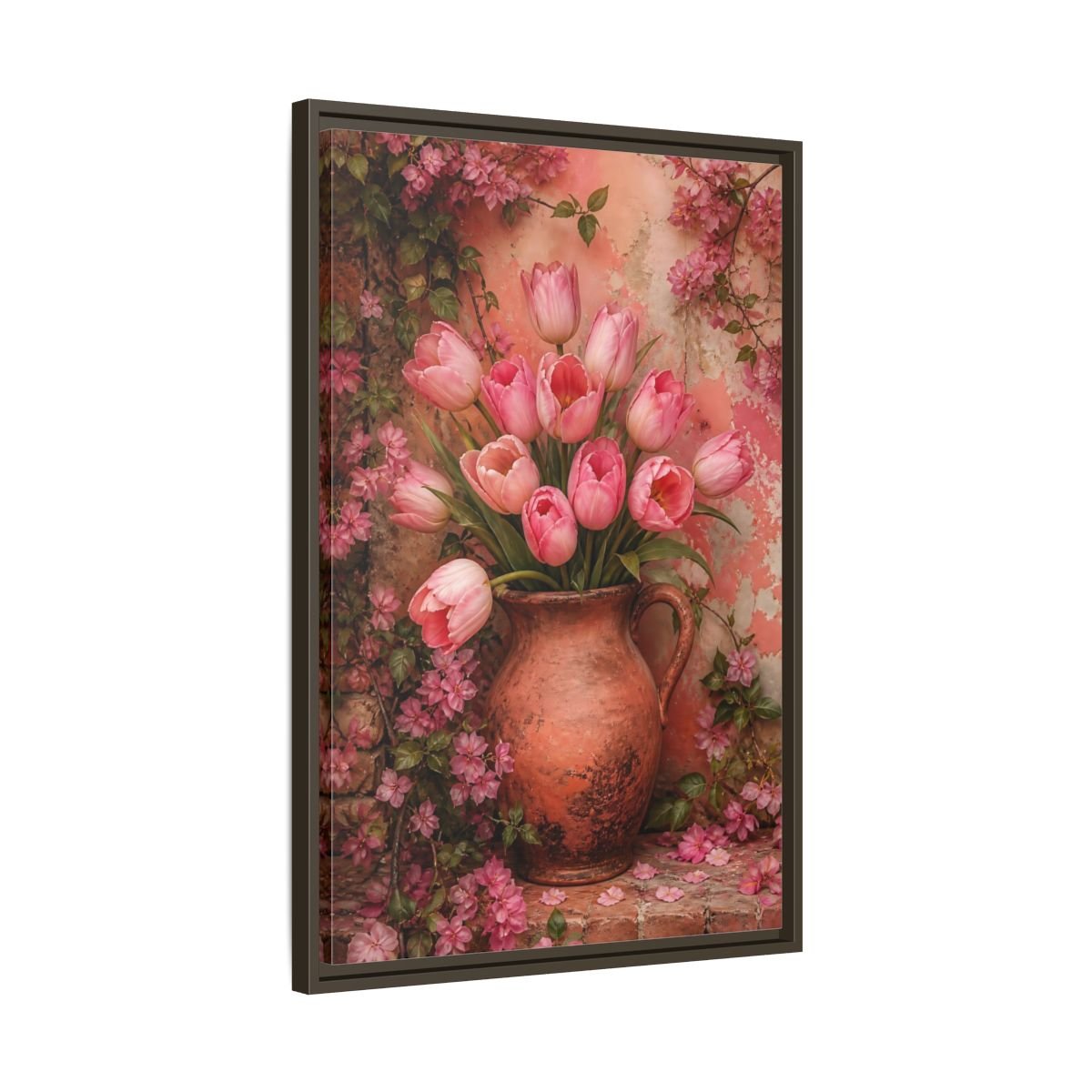 Floral Pink Tulips Framed Canvas Print – Living Room, Above Console Table - YesArtYes