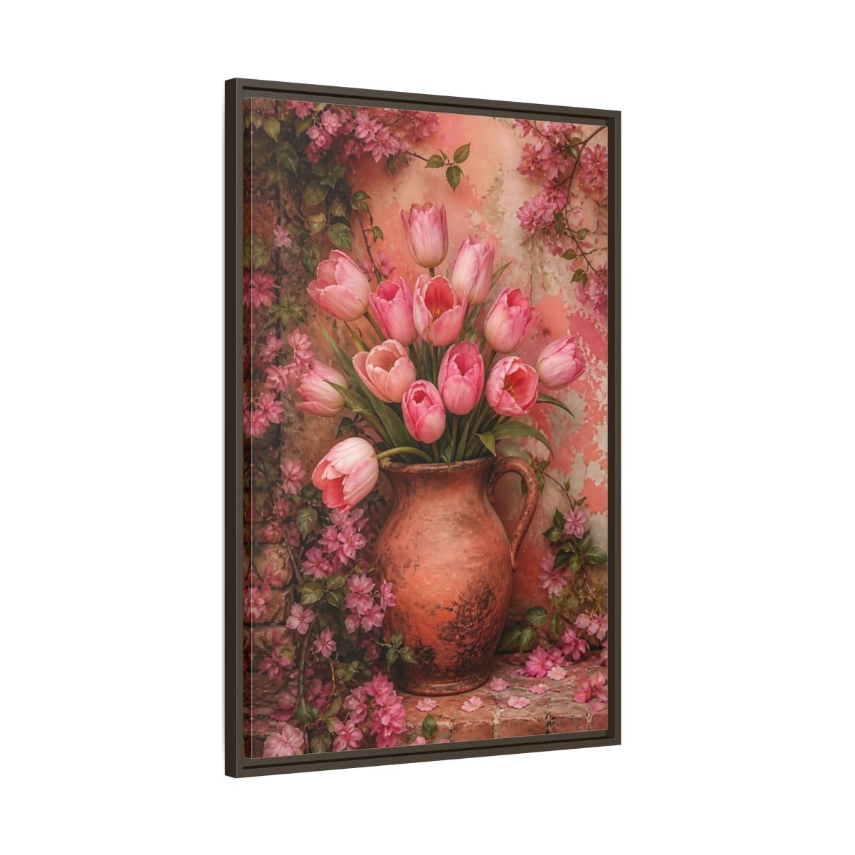 Floral Pink Tulips Framed Canvas Print – Living Room, Above Console Table - YesArtYes