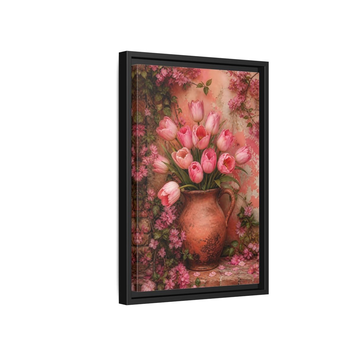 Floral Pink Tulips Framed Canvas Print – Living Room, Above Console Table - YesArtYes