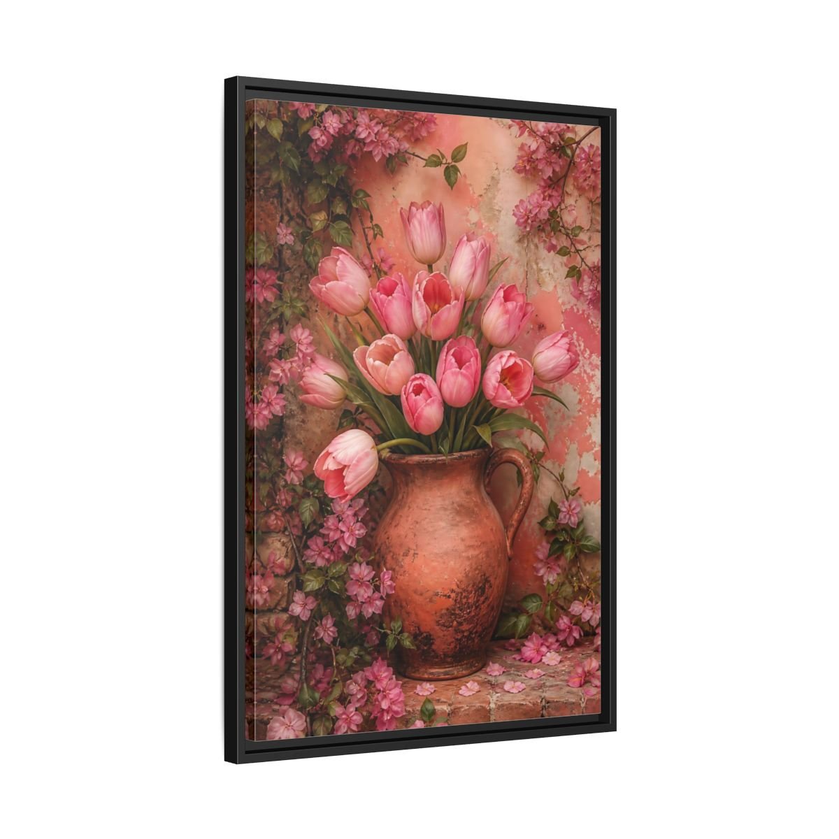 Floral Pink Tulips Framed Canvas Print – Living Room, Above Console Table - YesArtYes