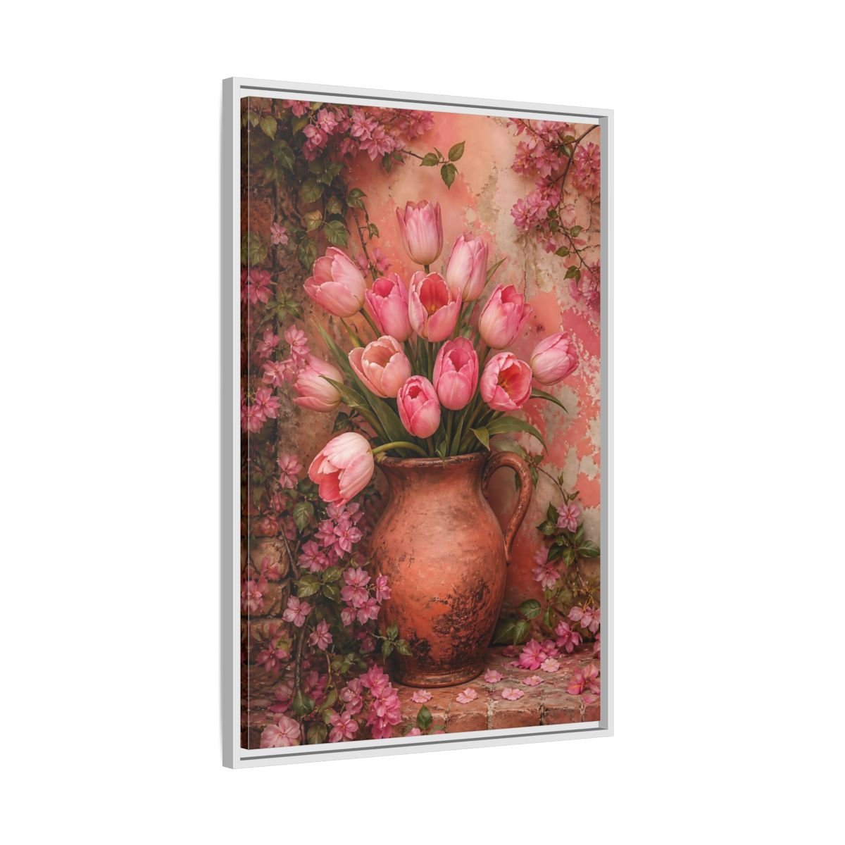 Floral Pink Tulips Framed Canvas Print – Living Room, Above Console Table - YesArtYes