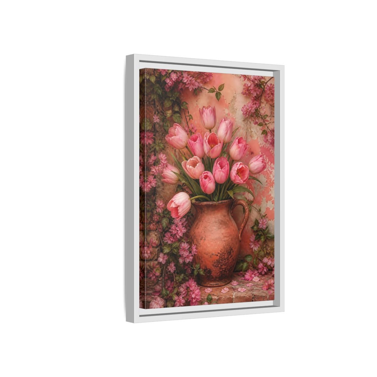 Floral Pink Tulips Framed Canvas Print – Living Room, Above Console Table - YesArtYes