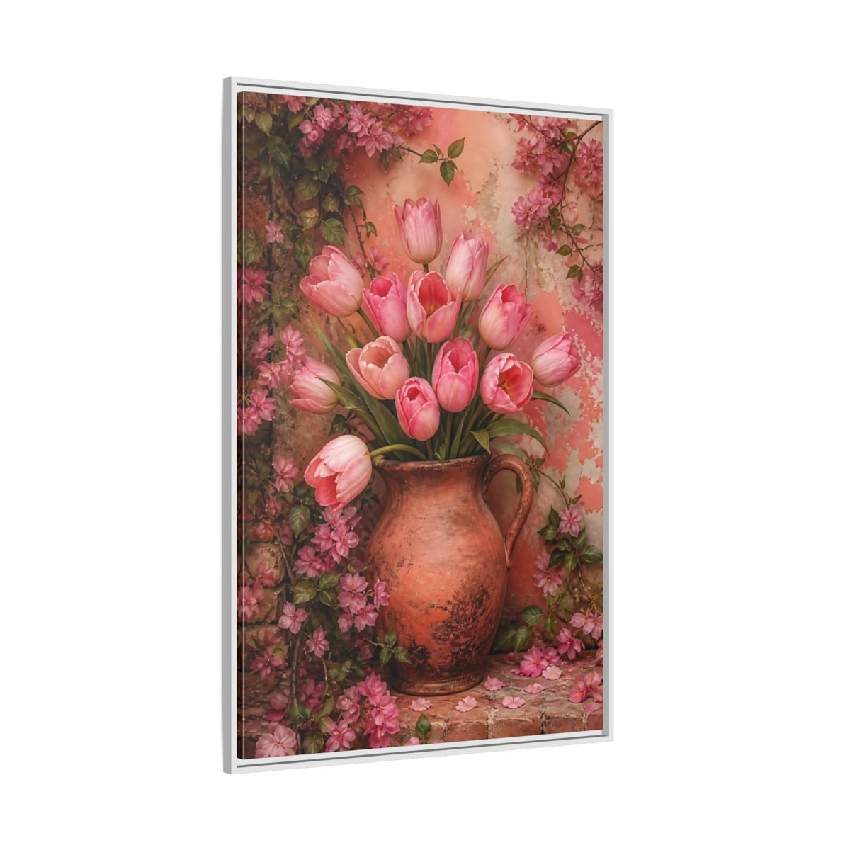 Floral Pink Tulips Framed Canvas Print – Living Room, Above Console Table - YesArtYes