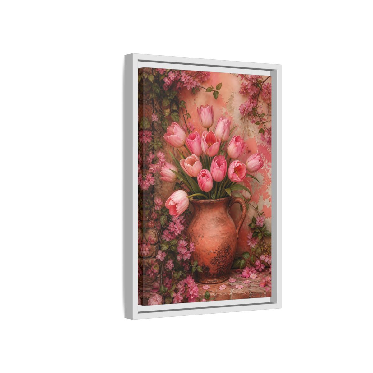 Side Mockup 4. Floral Pink Tulips Pink Tulips shown as framed canvas print