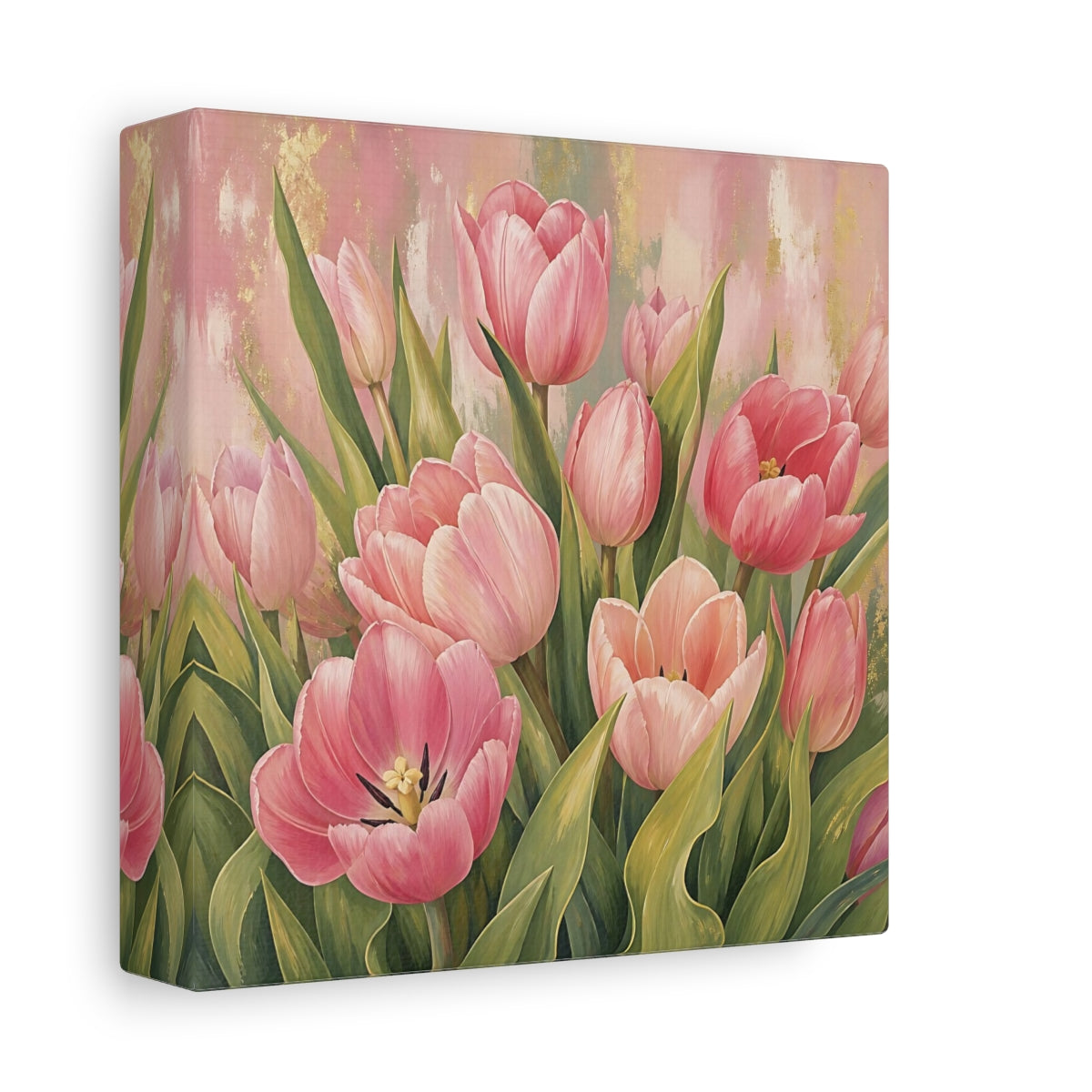 Side Mockup 2. Floral Pink Tulips Pink Tulips Gold shown as stretched canvas wall art