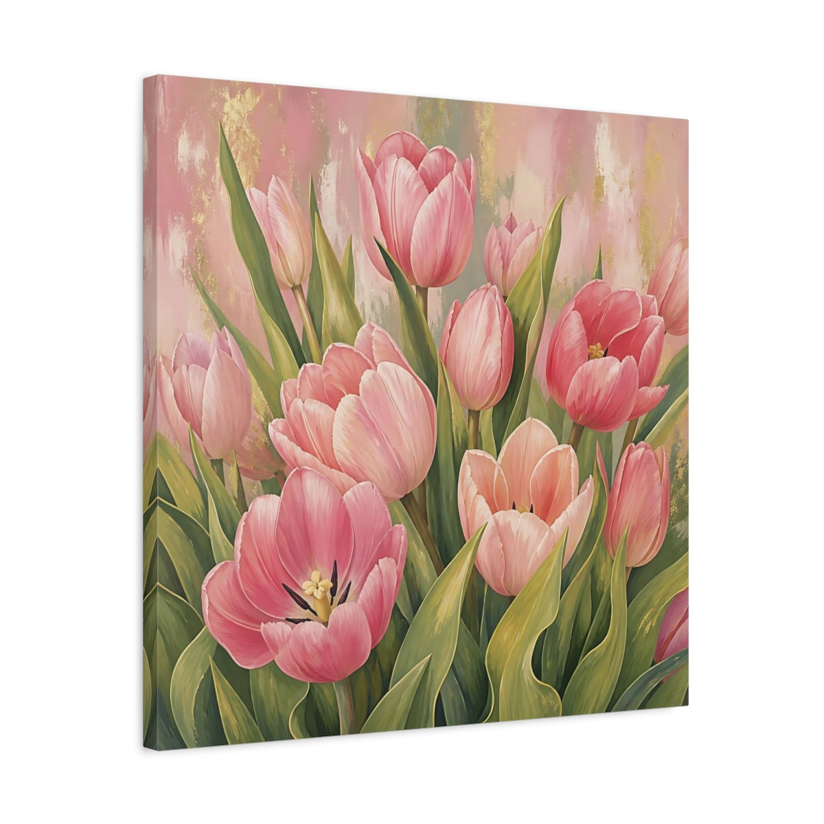 Side Mockup 4. Floral Pink Tulips Pink Tulips Gold shown as stretched canvas wall art