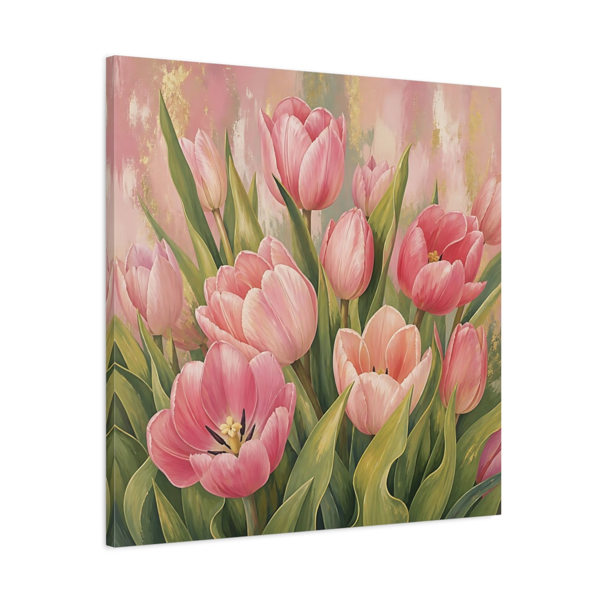 Side Mockup 3. Floral Pink Tulips Pink Tulips Gold shown as stretched canvas wall art