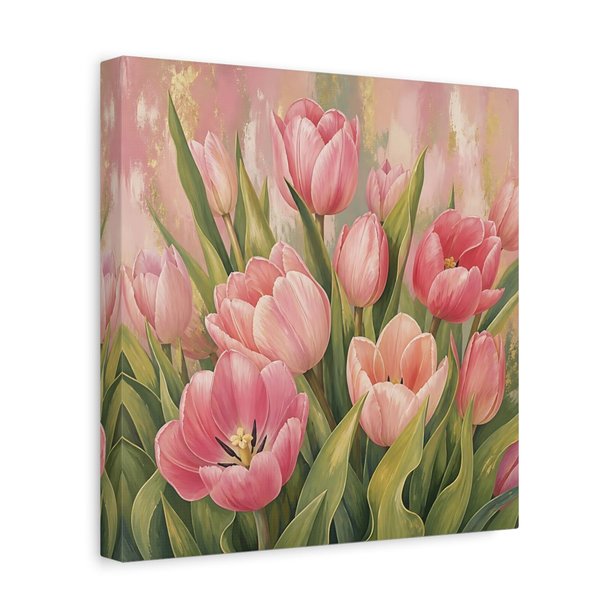 Side Mockup 8. Floral Pink Tulips Pink Tulips Gold shown as stretched canvas wall art
