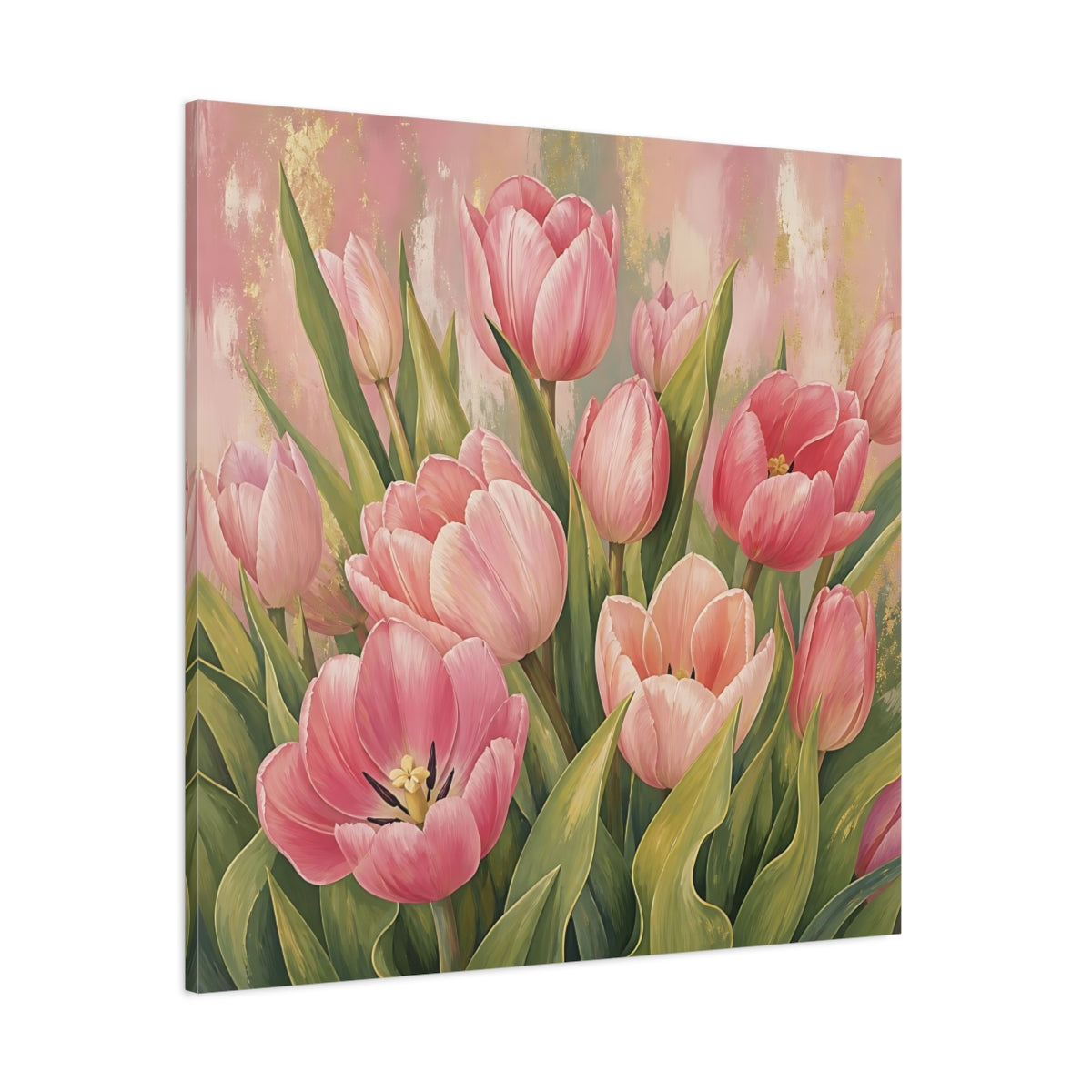 Side Mockup 1. Floral Pink Tulips Pink Tulips Gold shown as stretched canvas wall art