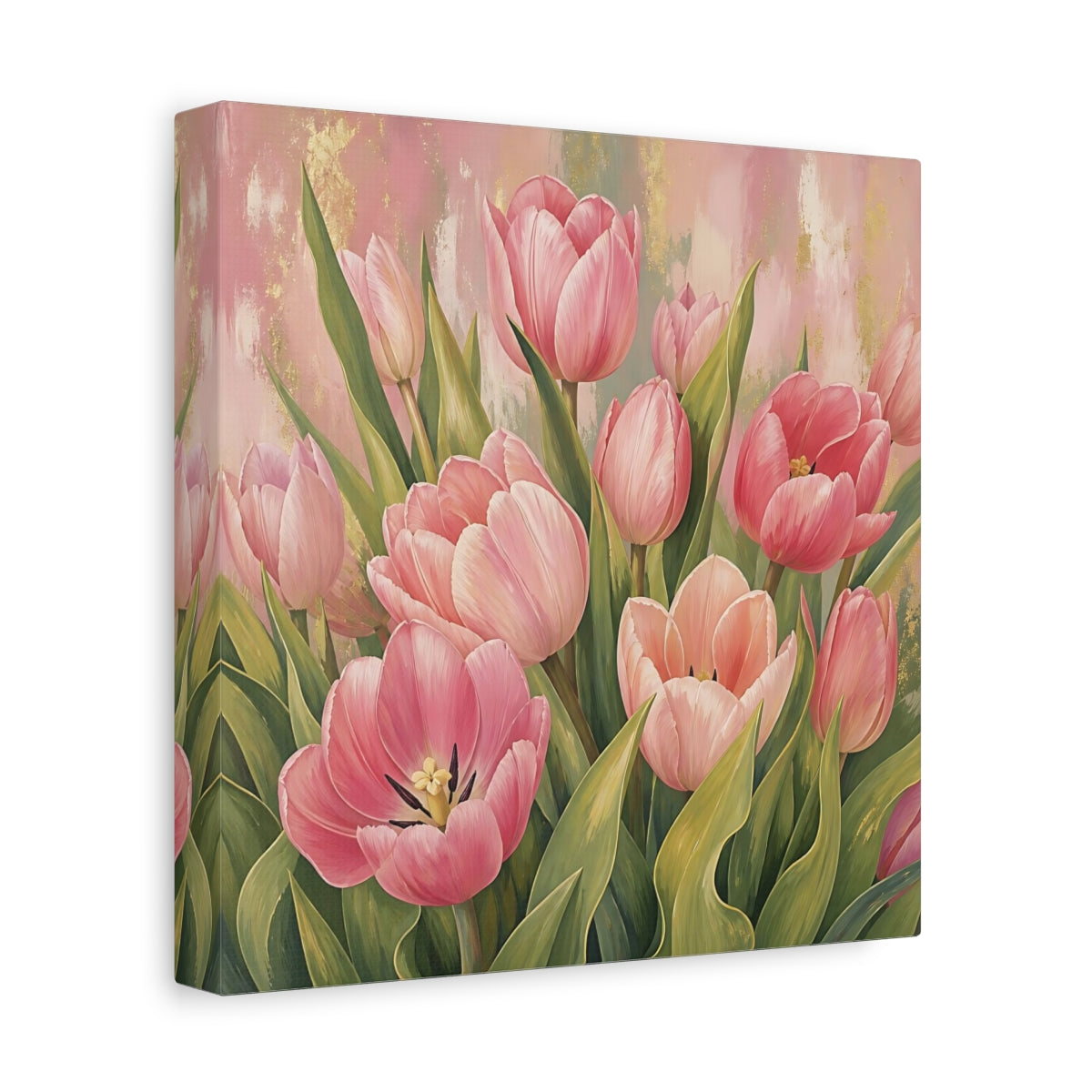 Side Mockup 9. Floral Pink Tulips Pink Tulips Gold shown as stretched canvas wall art