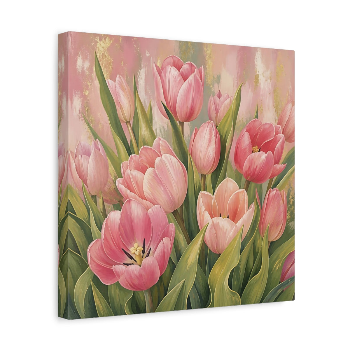 Side Mockup 7. Floral Pink Tulips Pink Tulips Gold shown as stretched canvas wall art