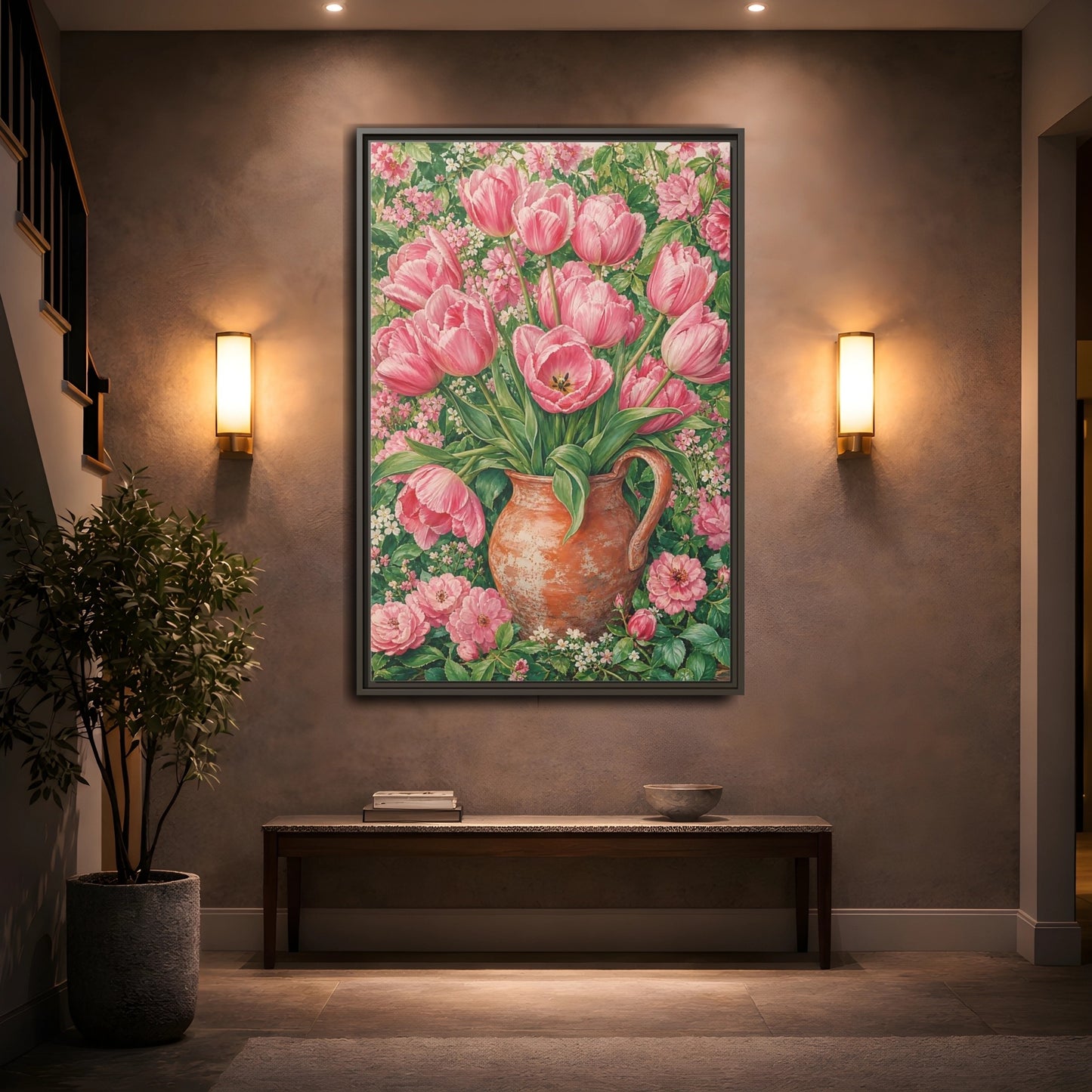 Mockup 2. Floral Pink Tulips Pink Floral shown as framed canvas print