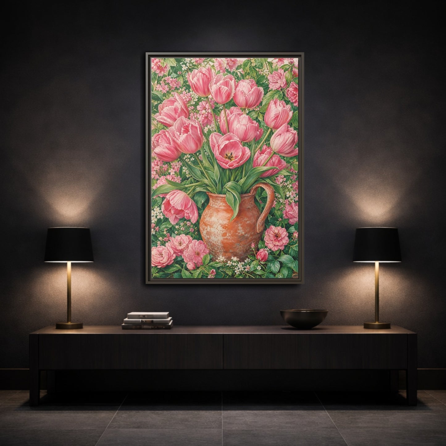 Mockup 3. Floral Pink Tulips Pink Floral shown as framed canvas print