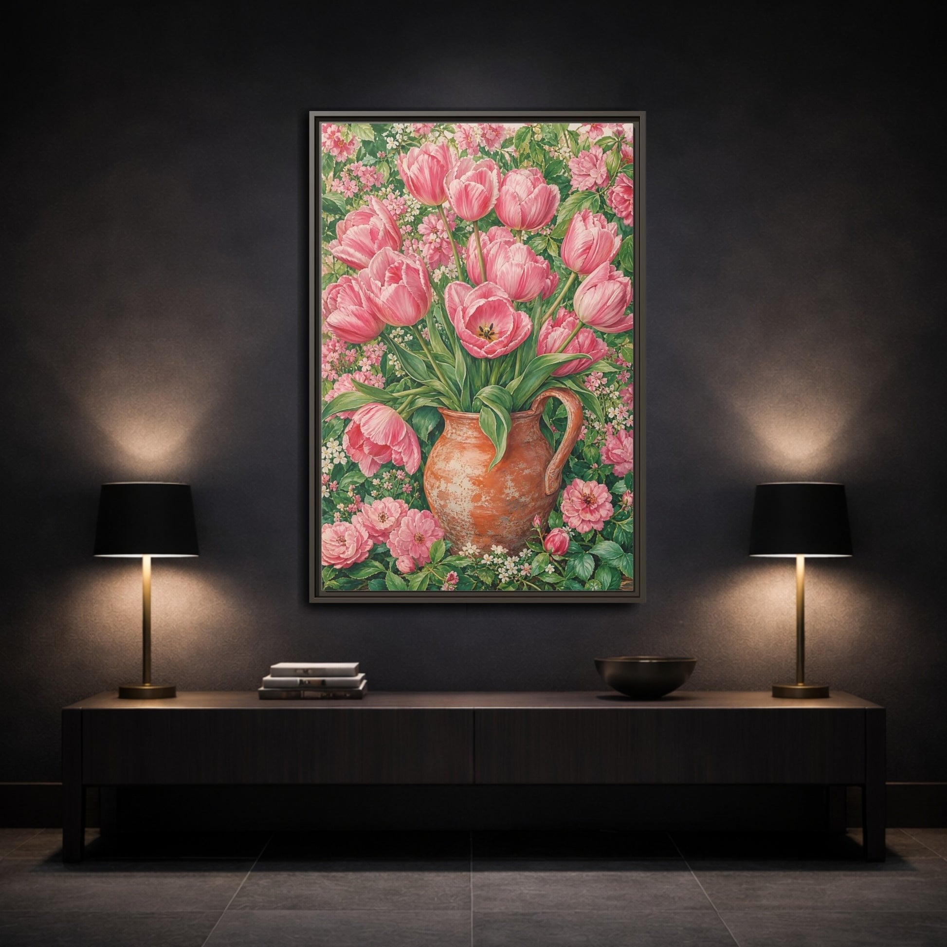 Mockup 3. Floral Pink Tulips Pink Floral shown as framed canvas print