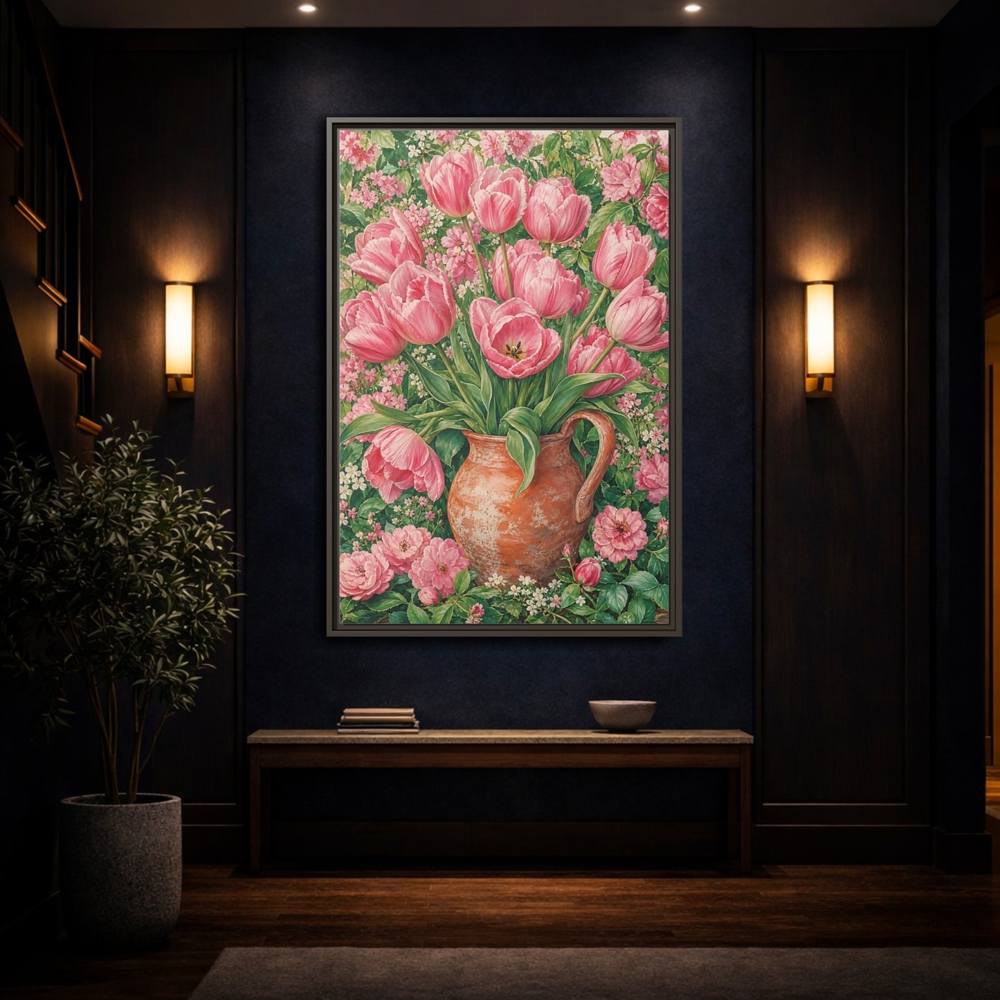 Mockup 4. Floral Pink Tulips Pink Floral shown as framed canvas print