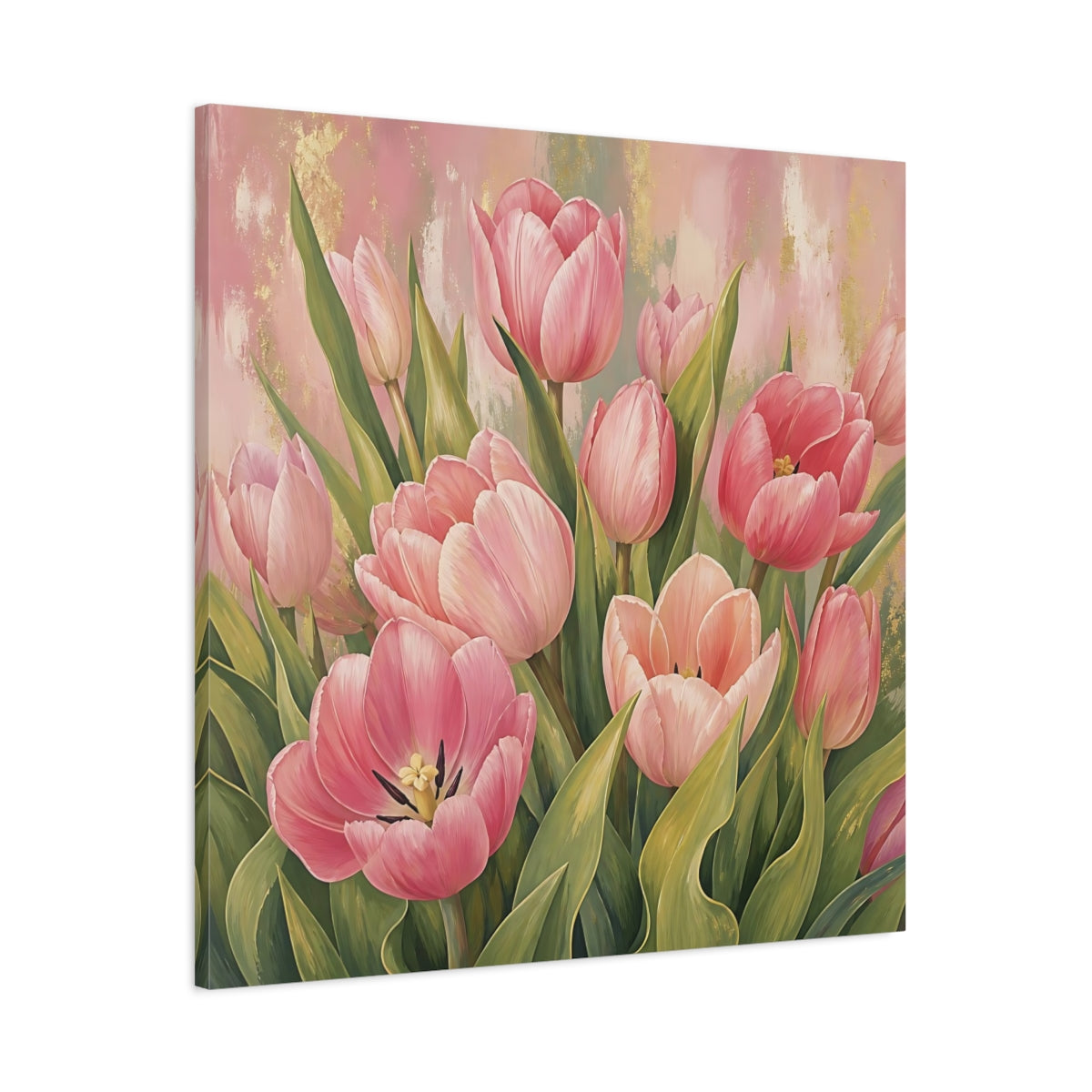 Main Mockup. Floral Pink Tulips Pink Tulips Gold shown as stretched canvas wall art