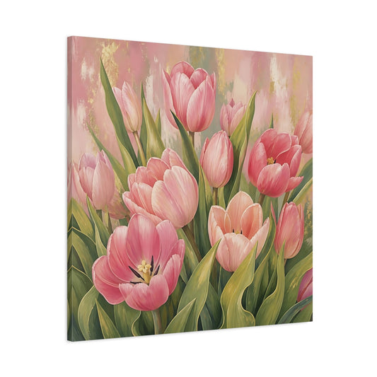 Main Mockup. Floral Pink Tulips Pink Tulips Gold shown as stretched canvas wall art