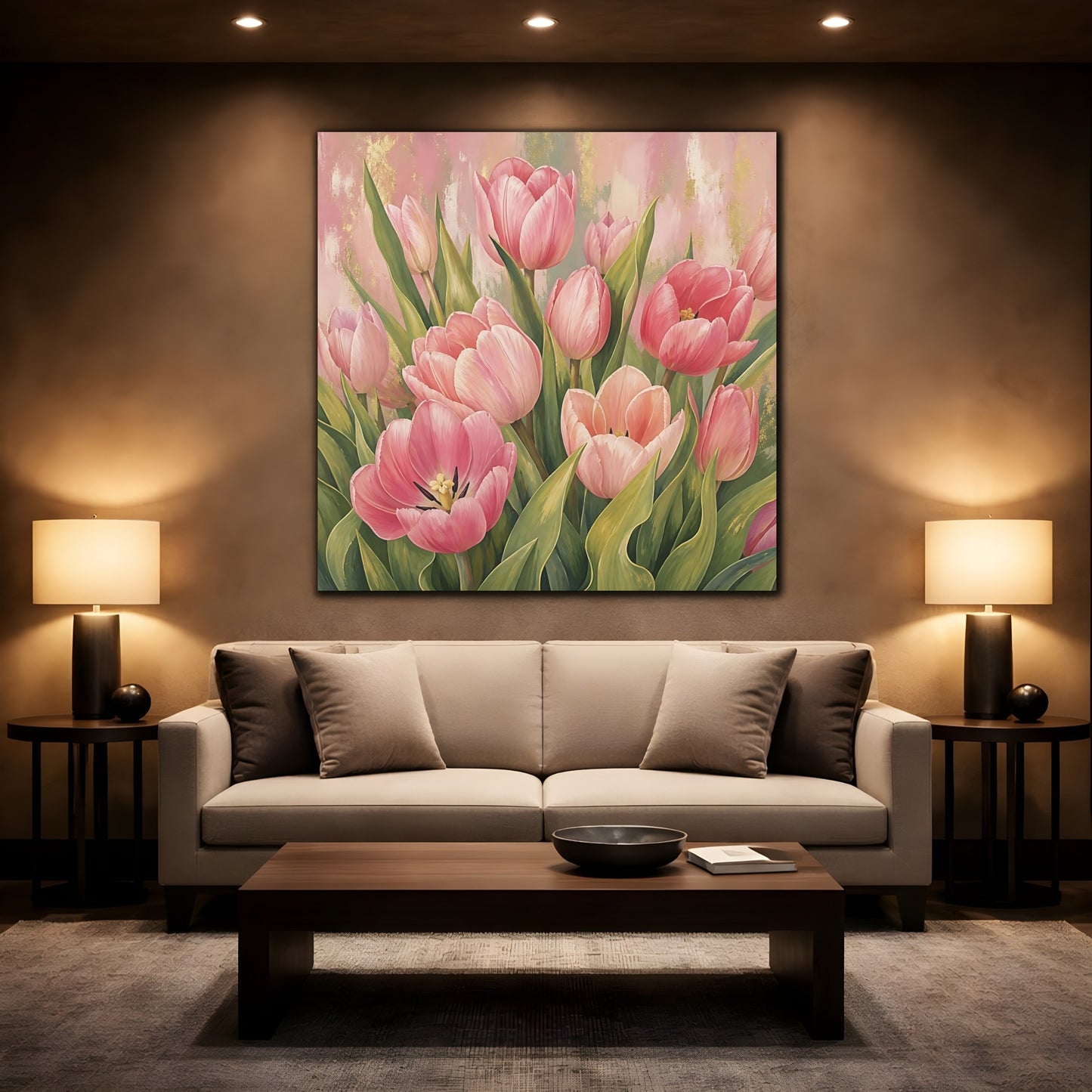 Mockup 2. Floral Pink Tulips Pink Tulips Gold shown as stretched canvas wall art