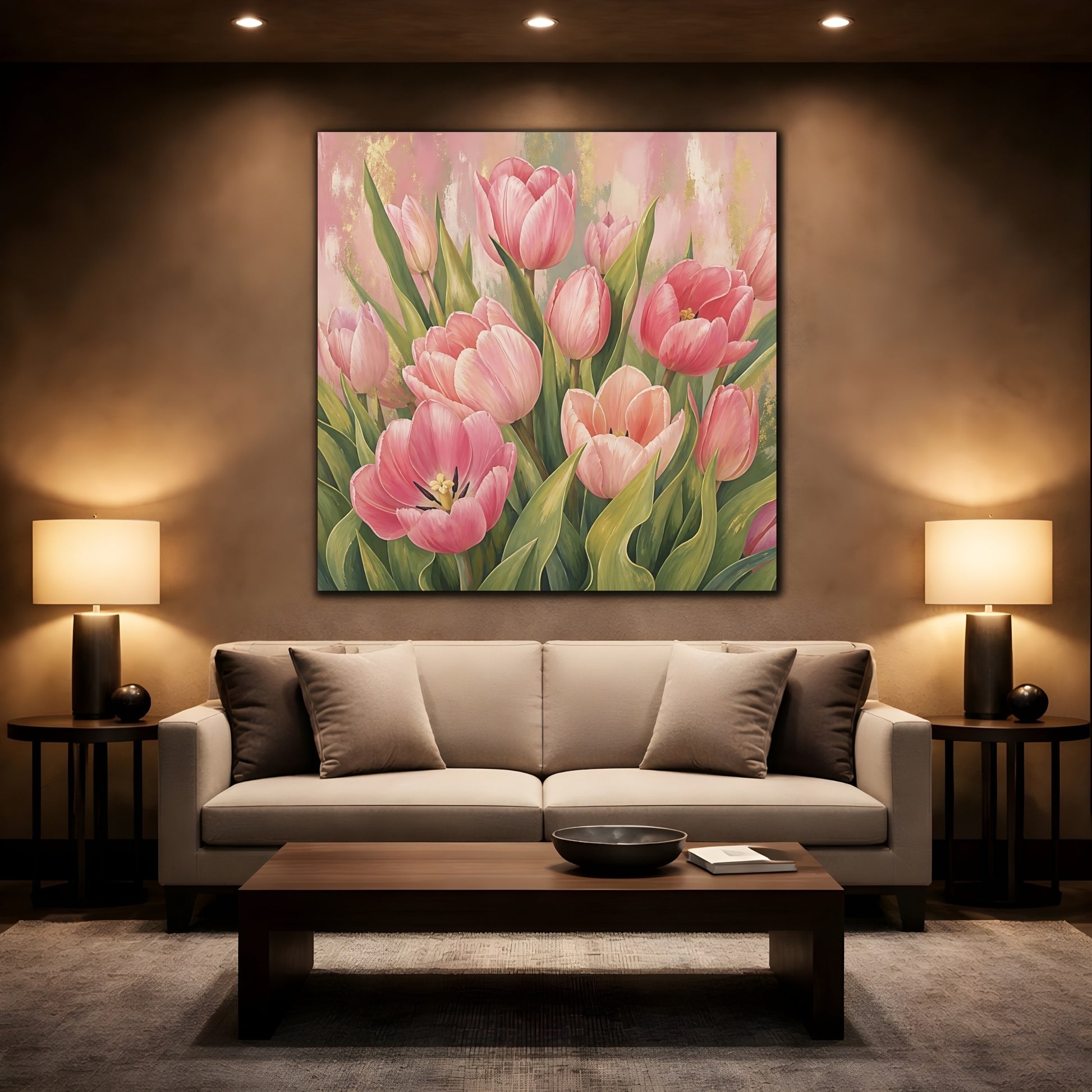 Mockup 2. Floral Pink Tulips Pink Tulips Gold shown as stretched canvas wall art
