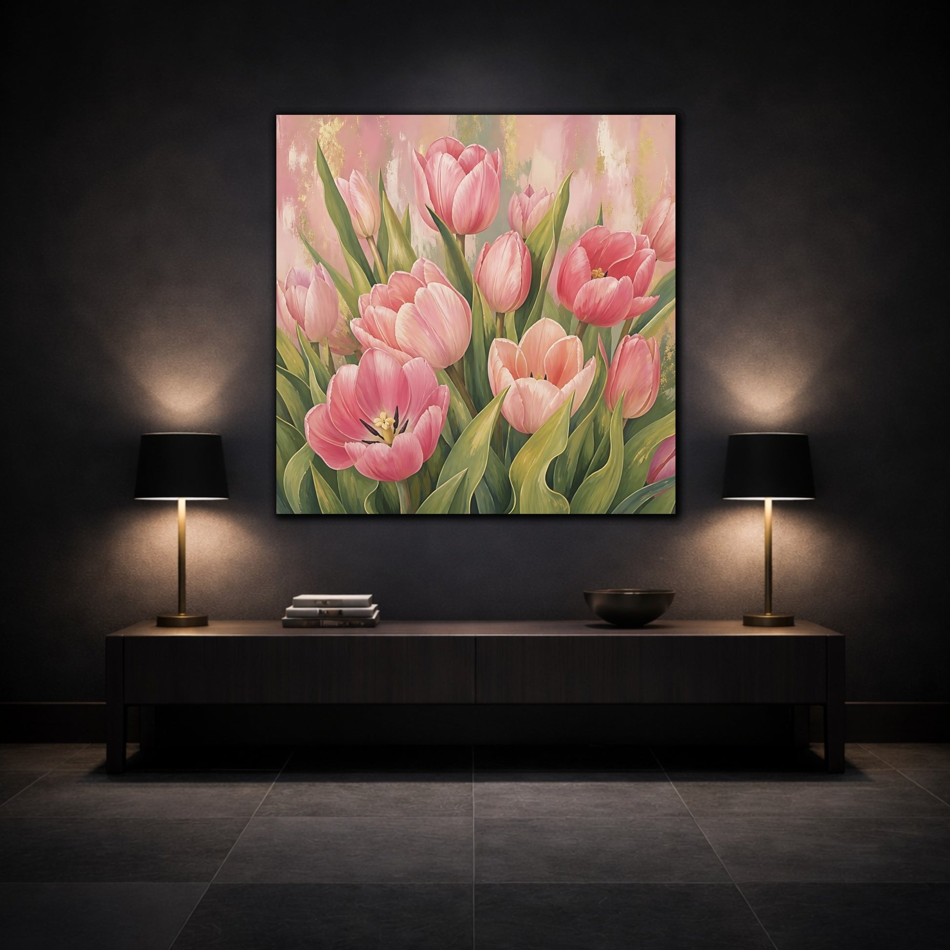 Mockup 3. Floral Pink Tulips Pink Tulips Gold shown as stretched canvas wall art