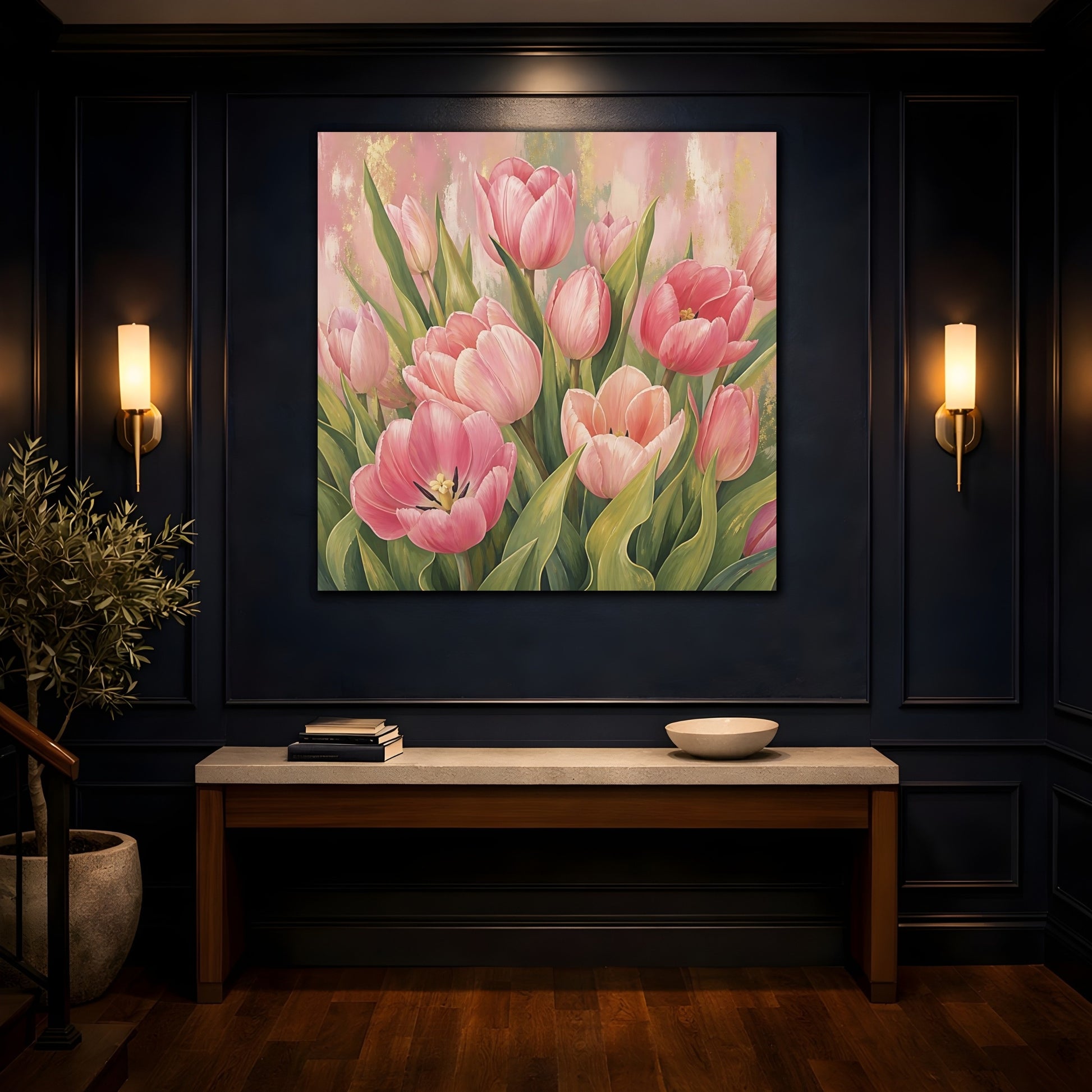Mockup 4. Floral Pink Tulips Pink Tulips Gold shown as stretched canvas wall art