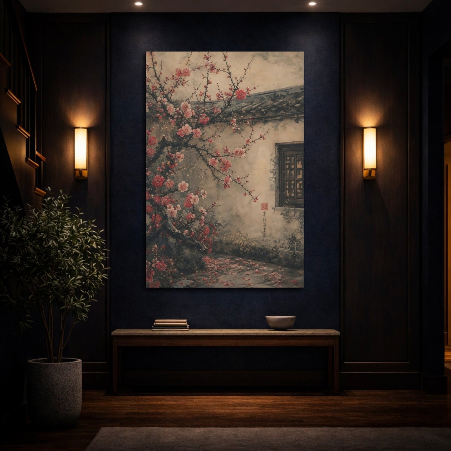 Floral Plum Blossom Pink And Beige Canvas Print – Living Room, Above Console Table - YesArtYes
