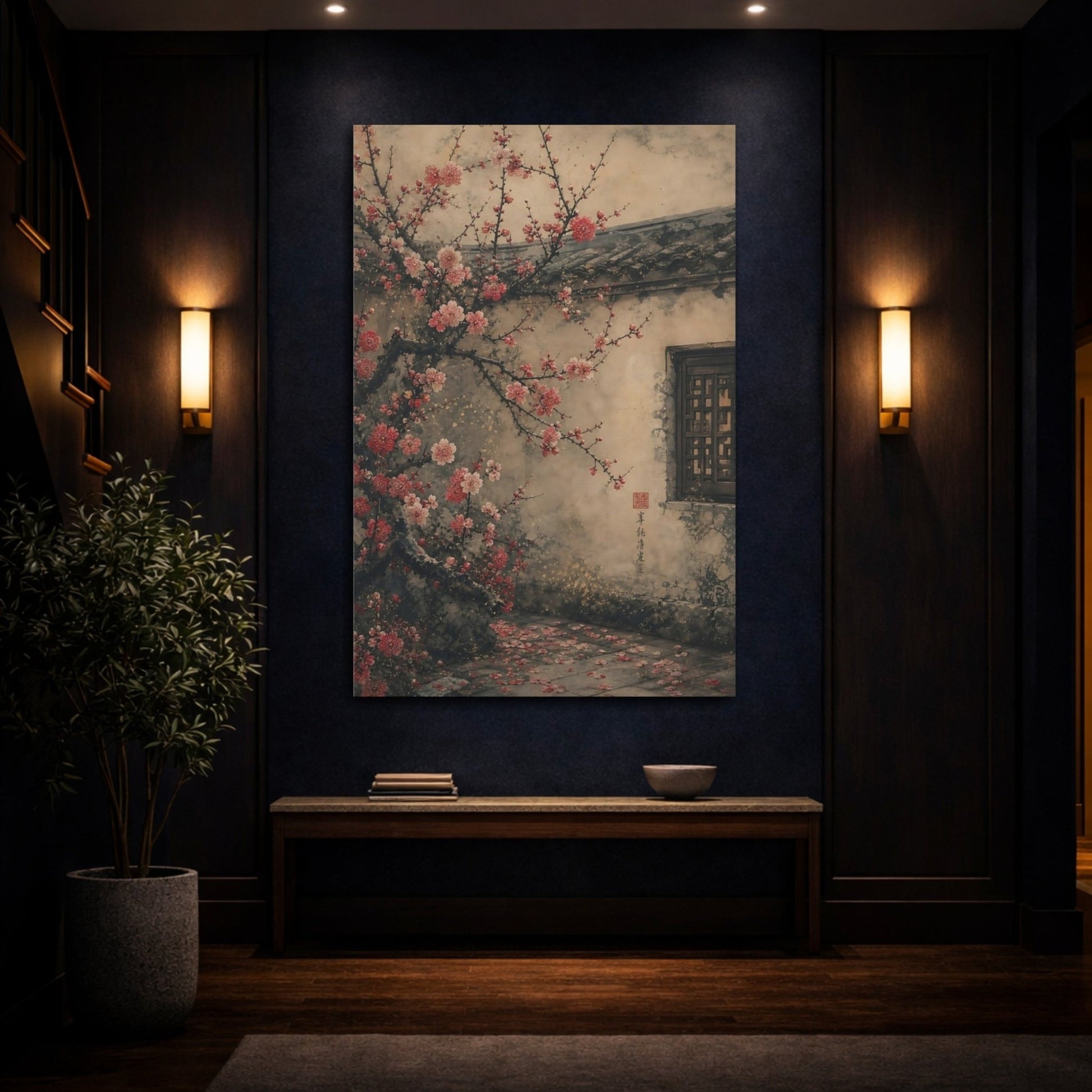 Floral Plum Blossom Pink And Beige Canvas Print – Living Room, Above Console Table - YesArtYes
