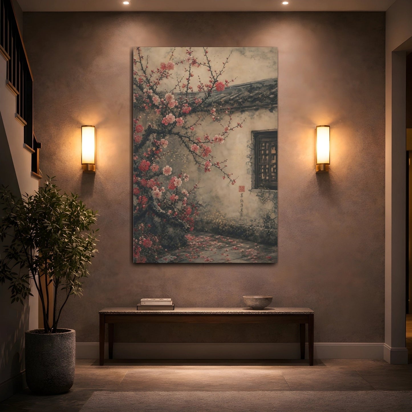 Floral Plum Blossom Pink And Beige Canvas Print – Living Room, Above Console Table - YesArtYes
