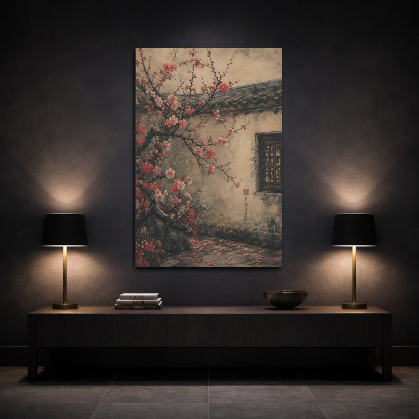 Floral Plum Blossom Pink And Beige Canvas Print – Living Room, Above Console Table - YesArtYes