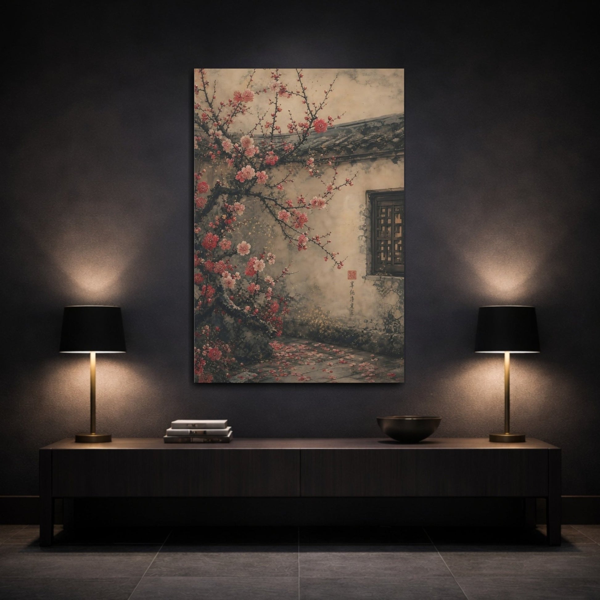 Floral Plum Blossom Pink And Beige Canvas Print – Living Room, Above Console Table - YesArtYes