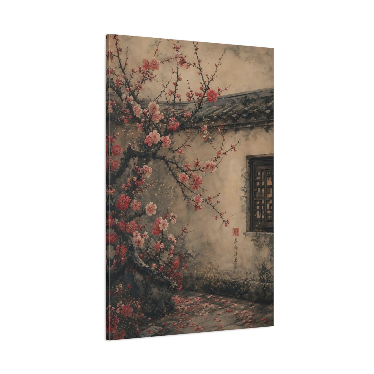 Floral Plum Blossom Pink And Beige Canvas Print – Living Room, Above Console Table - YesArtYes