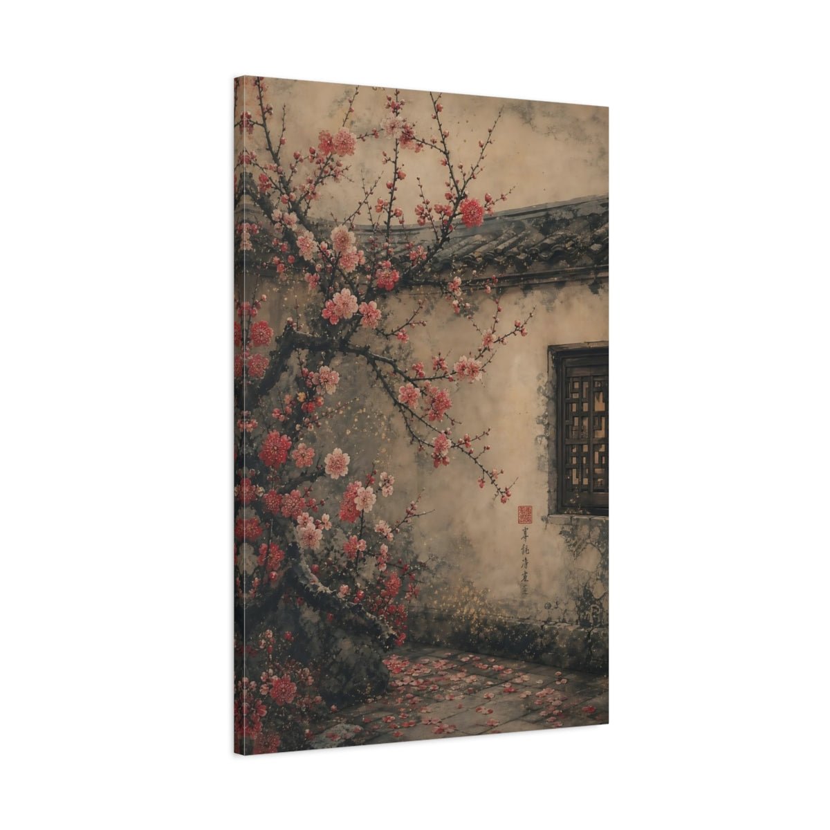 Floral Plum Blossom Pink And Beige Canvas Print – Living Room, Above Console Table - YesArtYes