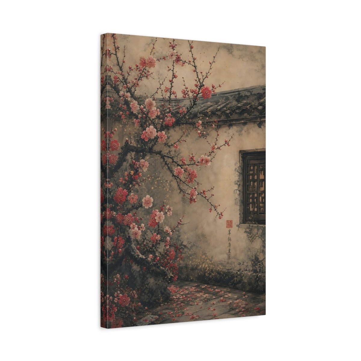 Floral Plum Blossom Pink And Beige Canvas Print – Living Room, Above Console Table - YesArtYes