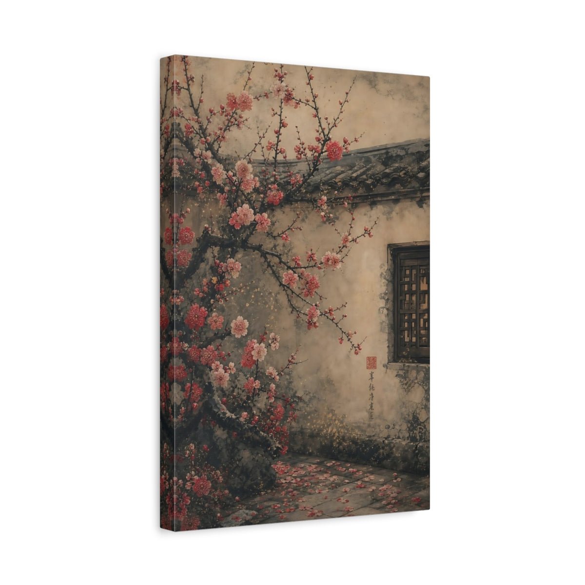 Floral Plum Blossom Pink And Beige Canvas Print – Living Room, Above Console Table - YesArtYes