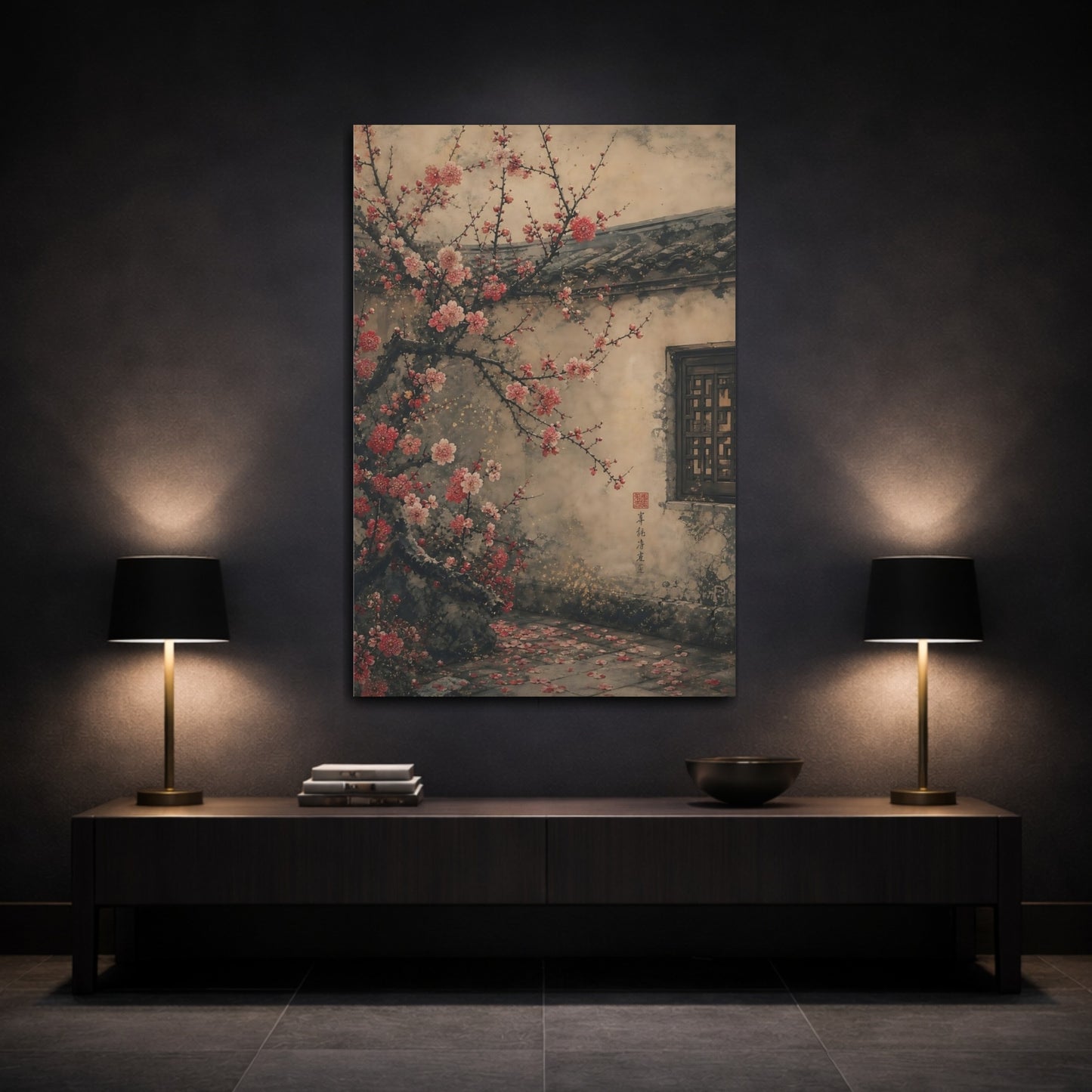 Mockup 3. Floral Plum Blossom Pink And Beige shown as canvas print