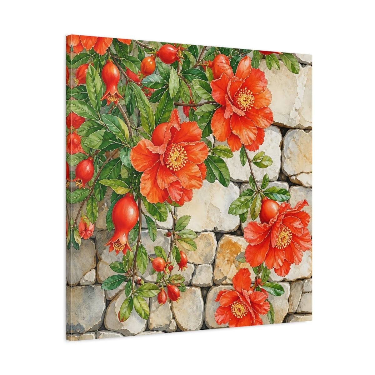 Side Mockup 3. Floral Pomegranate Flowers Red Pomegranate shown as stretched canvas wall art