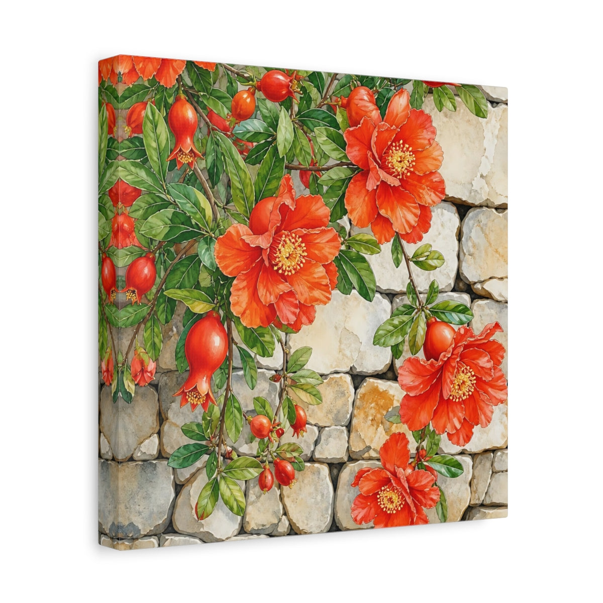 Side Mockup 8. Floral Pomegranate Flowers Red Pomegranate shown as stretched canvas wall art