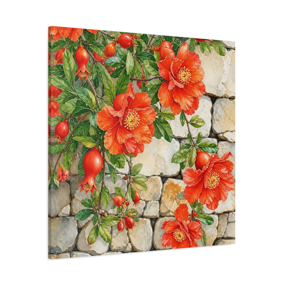 Side Mockup 1. Floral Pomegranate Flowers Red Pomegranate shown as stretched canvas wall art