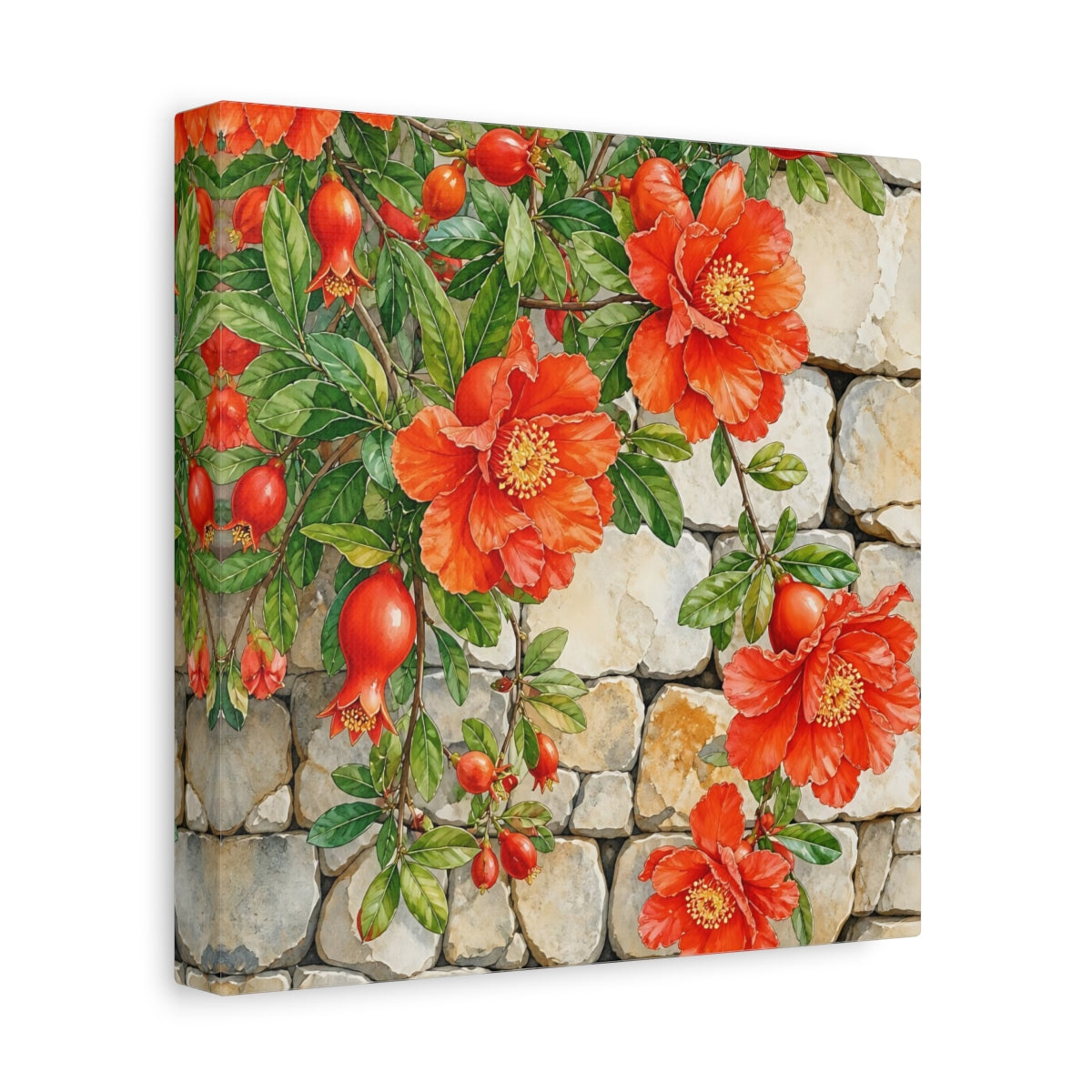 Side Mockup 9. Floral Pomegranate Flowers Red Pomegranate shown as stretched canvas wall art