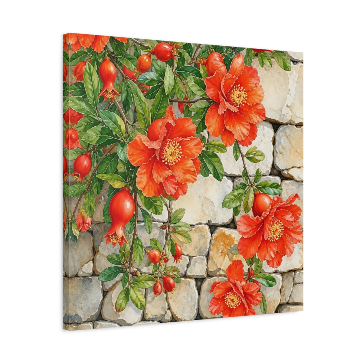 Side Mockup 4. Floral Pomegranate Flowers Red Pomegranate shown as stretched canvas wall art