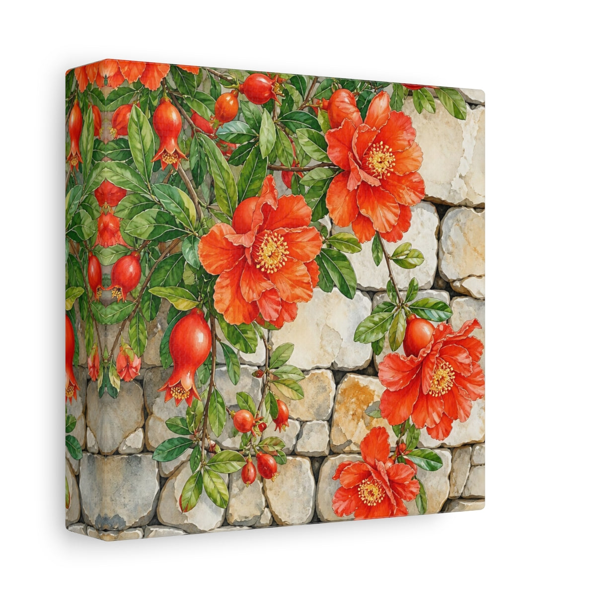 Side Mockup 2. Floral Pomegranate Flowers Red Pomegranate shown as stretched canvas wall art