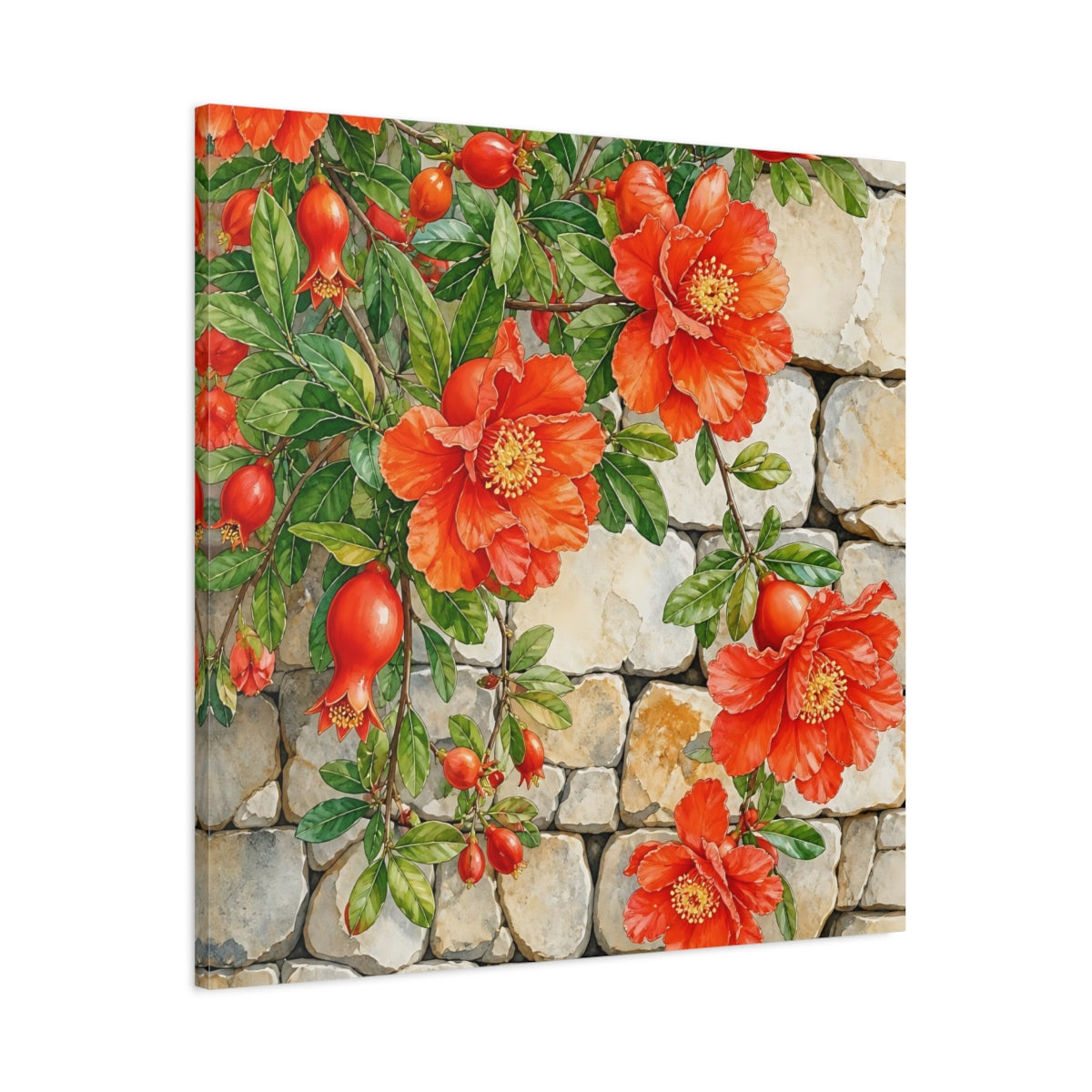 Main Mockup. Floral Pomegranate Flowers Red Pomegranate shown as stretched canvas wall art