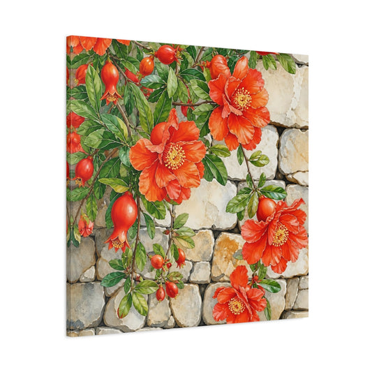 Main Mockup. Floral Pomegranate Flowers Red Pomegranate shown as stretched canvas wall art